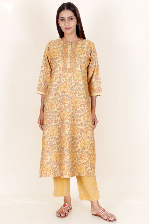 Tussar Cotton Kurta Pant And Dupatta Set In Floral Block Print